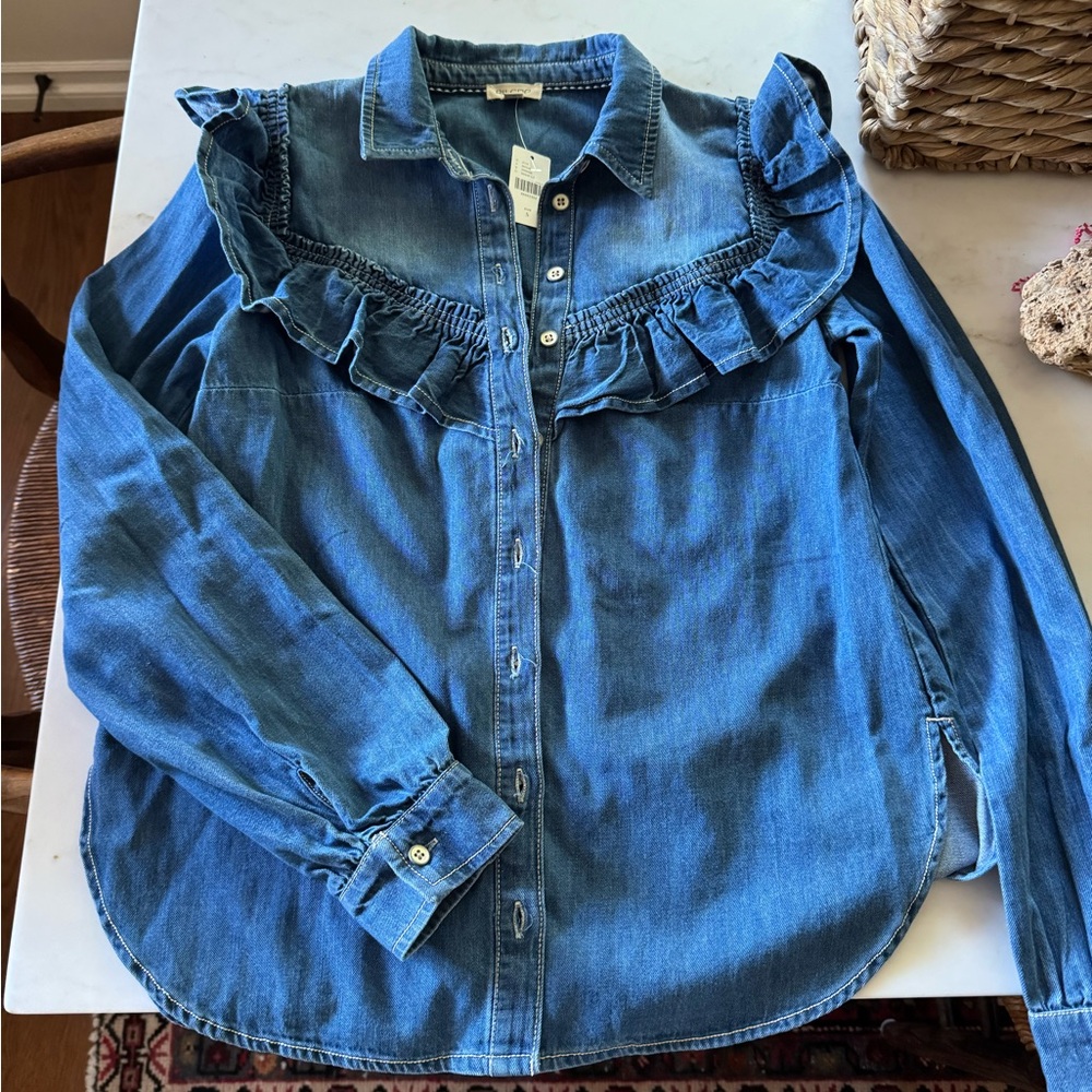 Blue Denim Ruffle Button-Up Shirt